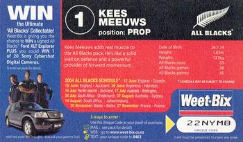 2004 Weet-Bix All Blacks Collector Series #1 Kees Meeuws Back